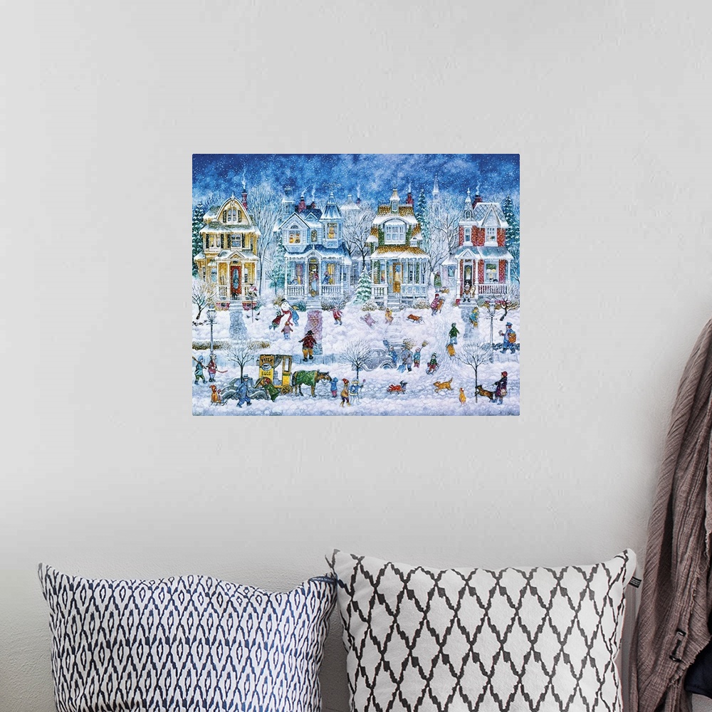 A bohemian room featuring A winter street scene filled with Victorian homes, a horse and carriage and many people.