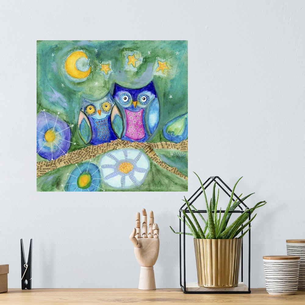 A bohemian room featuring Two owls snuggling together on a branch under the moon and stars.
