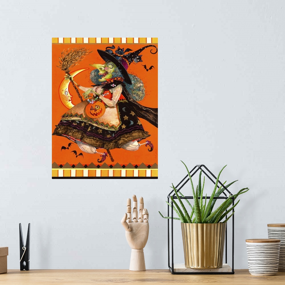 A bohemian room featuring Contemporary artwork of a spooky witch in a happy stride with her head surrounded by bats.