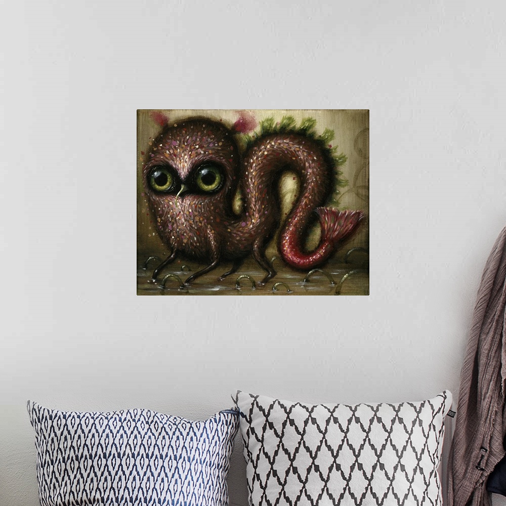 A bohemian room featuring Surrealist painting of an aquatic looking creature with red scales.
