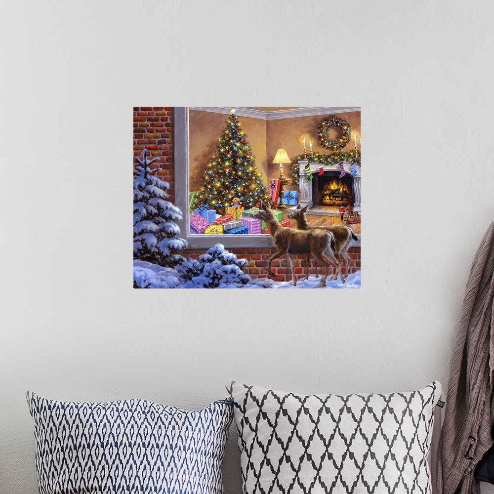 A bohemian room featuring Painting of an indoor scene featuring a large Christmas tree. Product is a painting reproduction ...