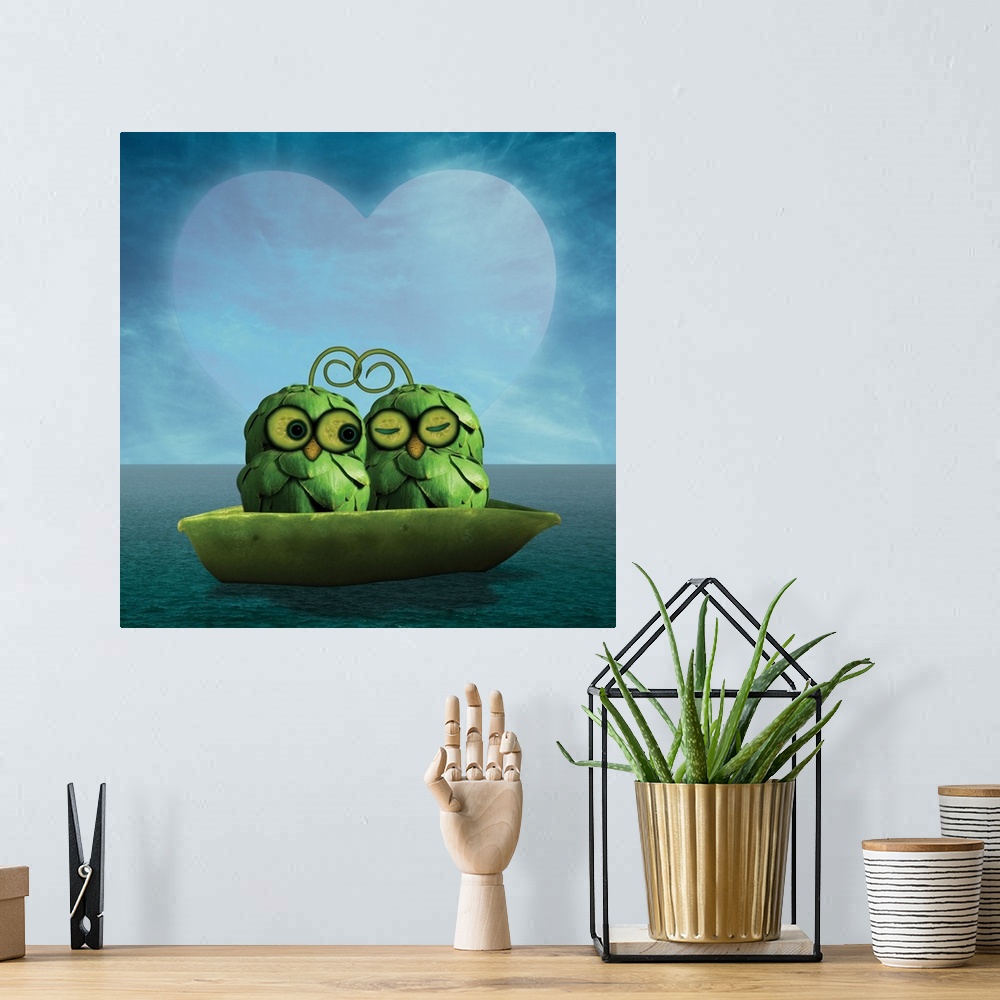 A bohemian room featuring Two cute owls in a boat on the ocean, in love with each other and enjoying being together.