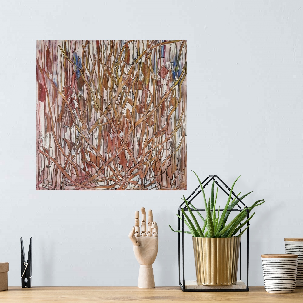 A bohemian room featuring Painting on paper of dense bracken in autumn tones.