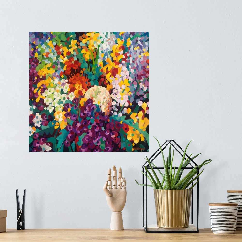 A bohemian room featuring Contemporary painting of flowers in a floral arrangement using square brushstrokes of many colors.