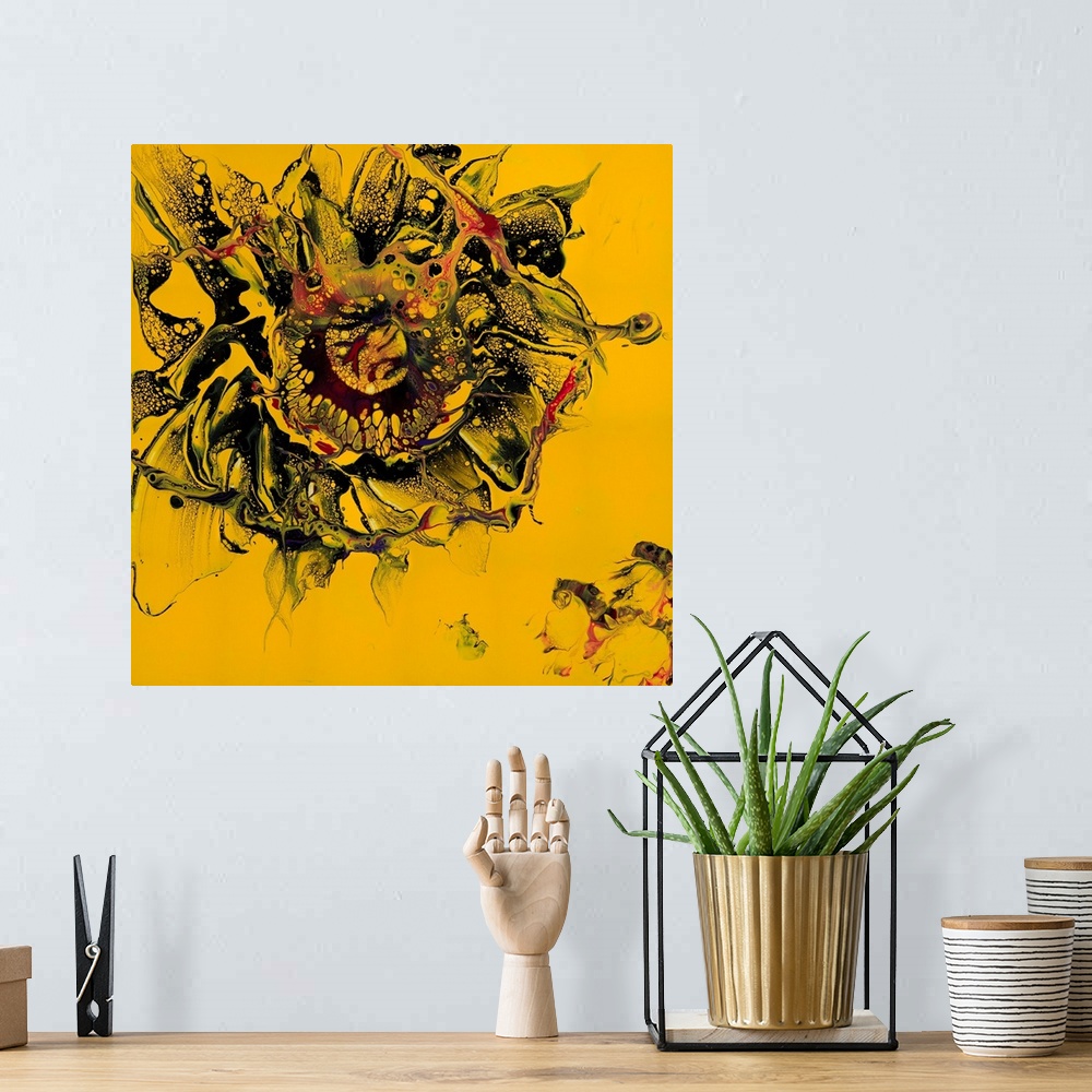 A bohemian room featuring Pour painting of an abstract flower with half-transparent smudges of paint as petals on a bright ...
