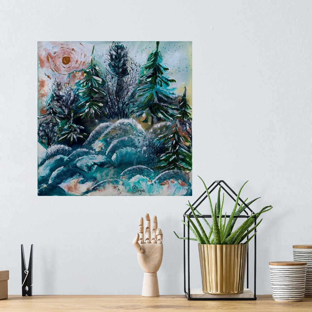 A bohemian room featuring Painting of the evergreen pine trees in a snow-covered forest, gleaming in the sunlight with emer...