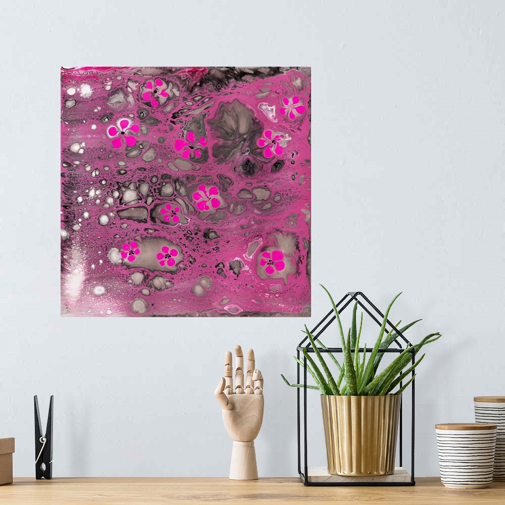 A bohemian room featuring Abstract pour painting of cherry bloom using saturated pink for flowers at the front and subdued ...