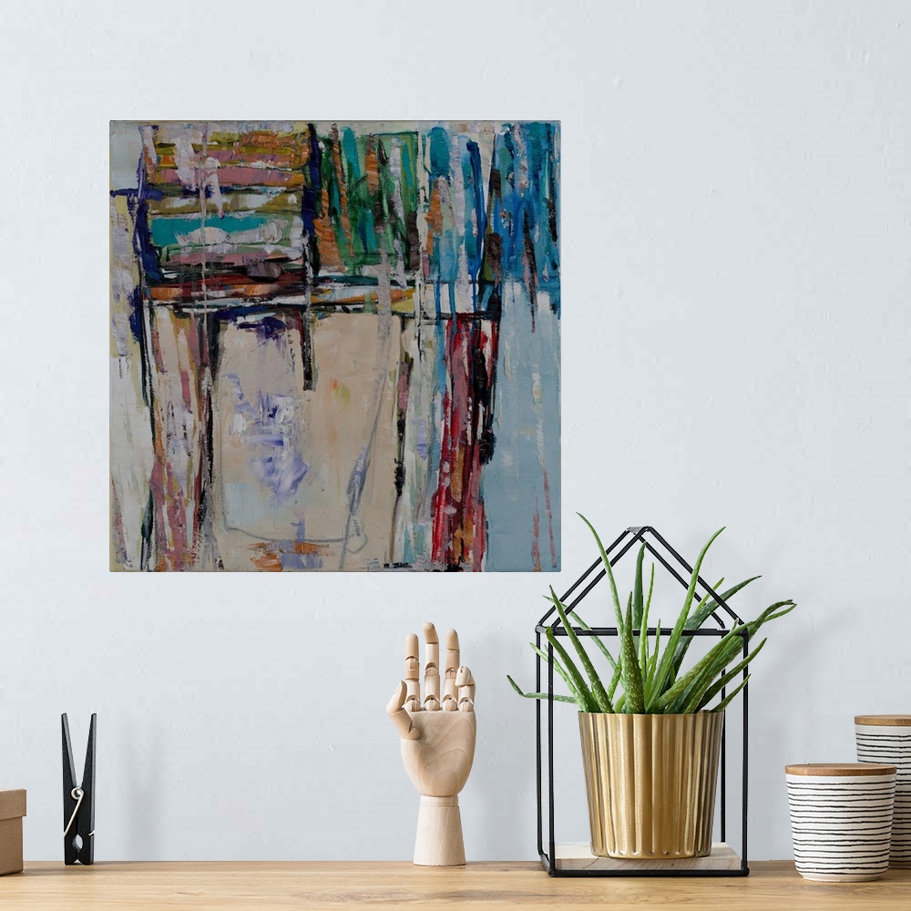 A bohemian room featuring An abstract painting of a play of tonal variations and forms coupled voids; initially created by ...
