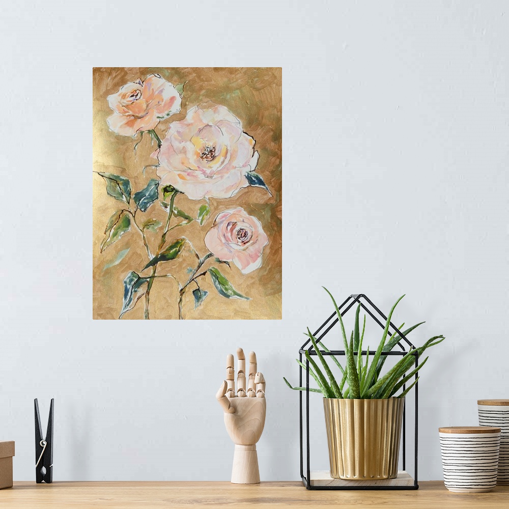 A bohemian room featuring Traditional but loose mixed media apricot roses on gold background.
