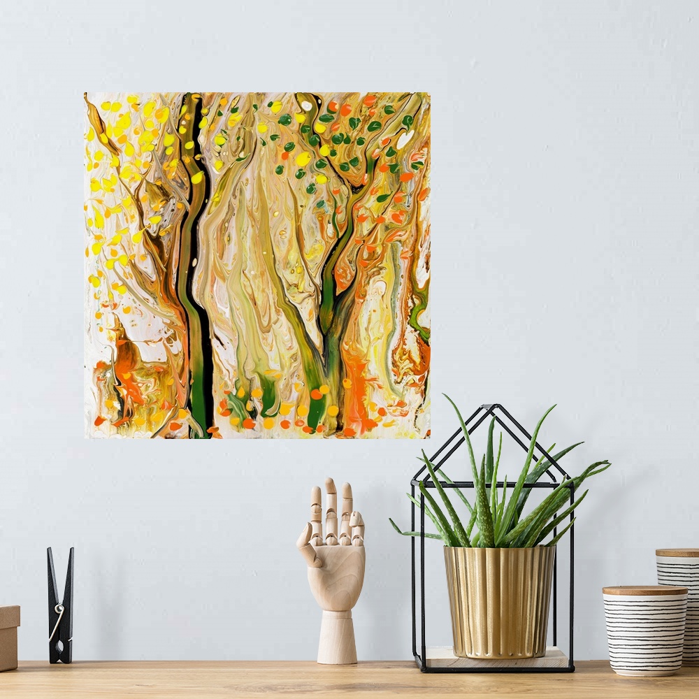 A bohemian room featuring Pour painting of a forest in warm tones using thick brushstrokes and paint marks at the front for...
