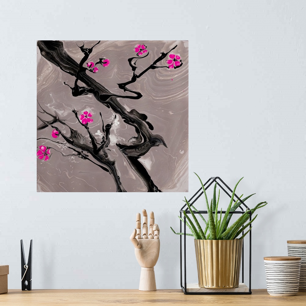 A bohemian room featuring Close-up painting of cherry blossom in pouring technique that resembles reflection in a paddle an...