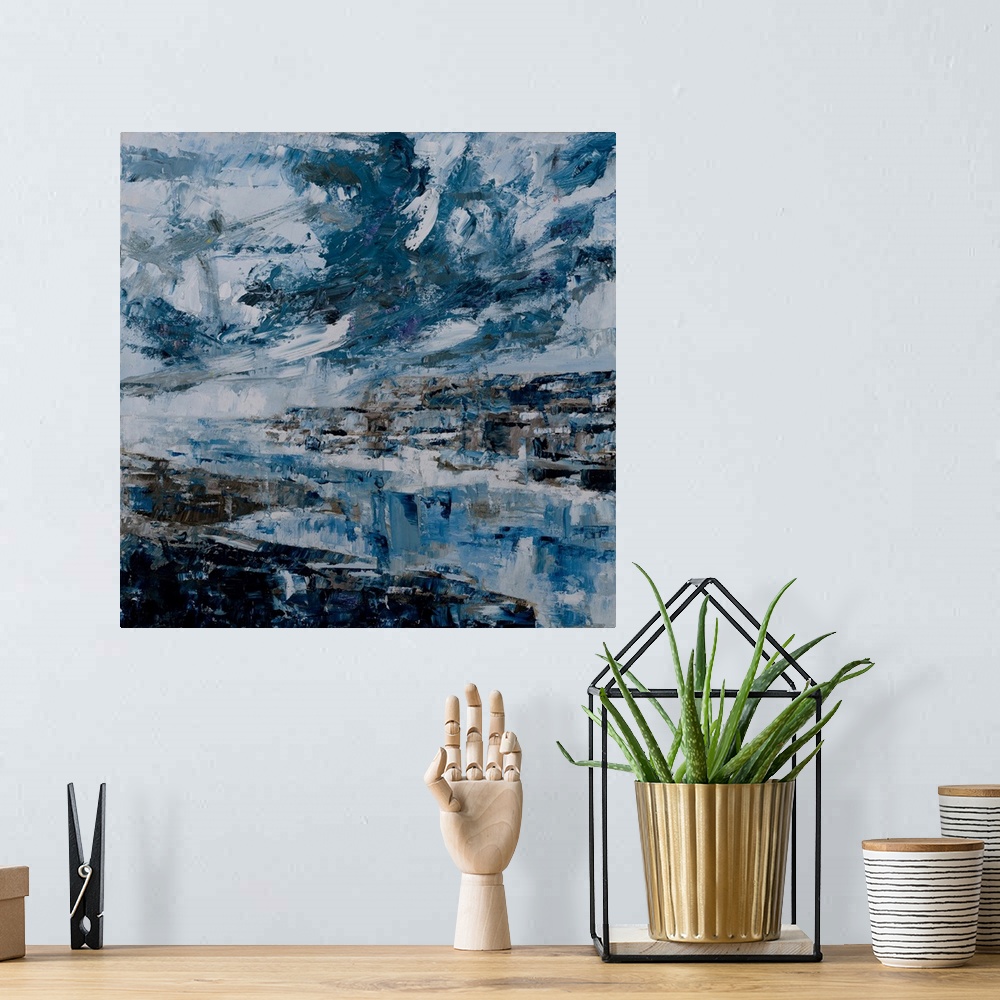 A bohemian room featuring An abstract landscape - the simplicity in tonal choice, to depict this deeply moody scenery and s...