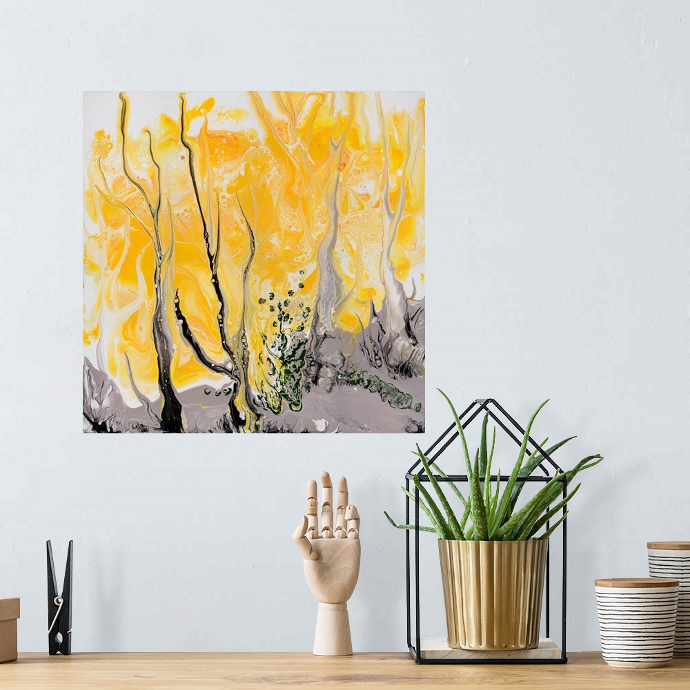 A bohemian room featuring Pour painting of the blooming wattle trees with bright amber crones that are thick enough to cove...