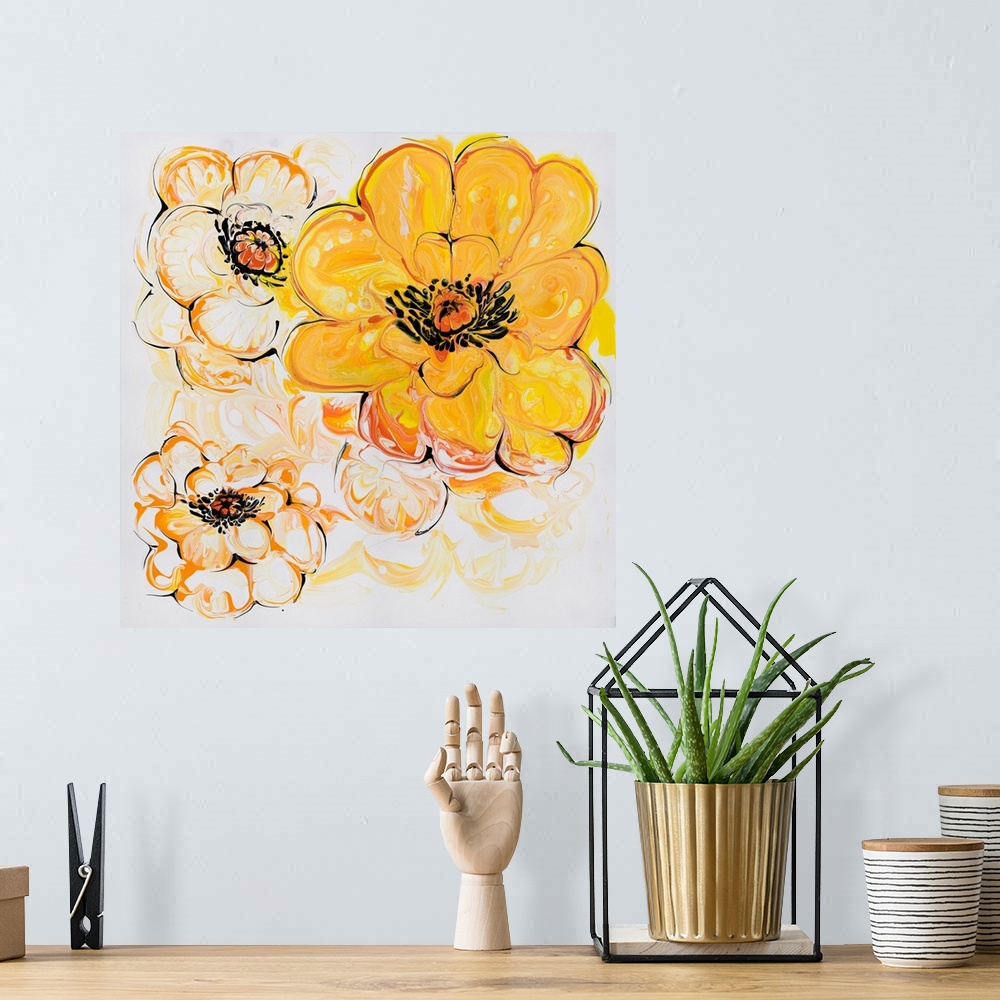 A bohemian room featuring Pour painting of cheerful yellow-orange flowers with plump, rounded shapes and fine black outline...