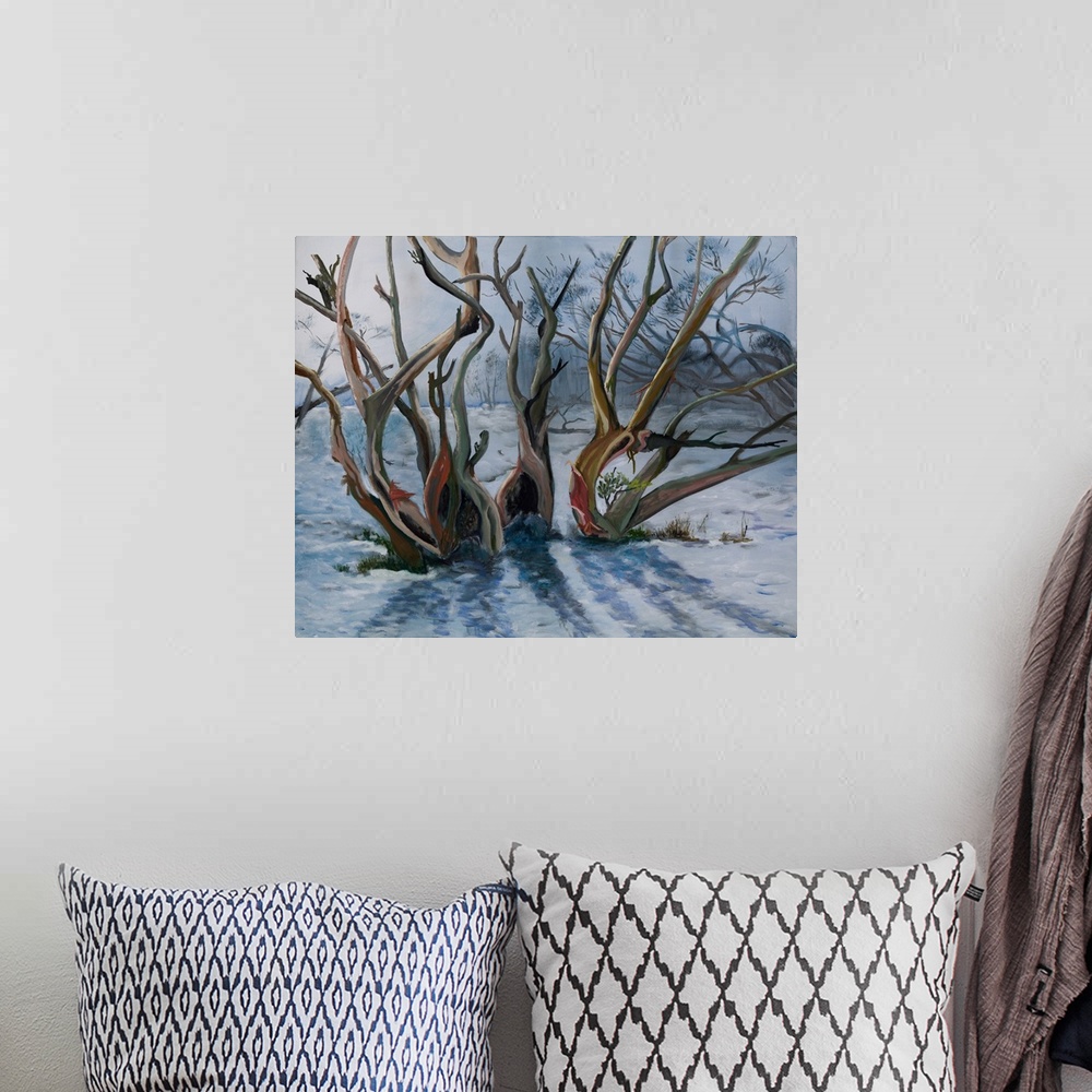 A bohemian room featuring Landscape painting of the eucalyptus trees in snowy mountains, Australia, enduring short, yet col...