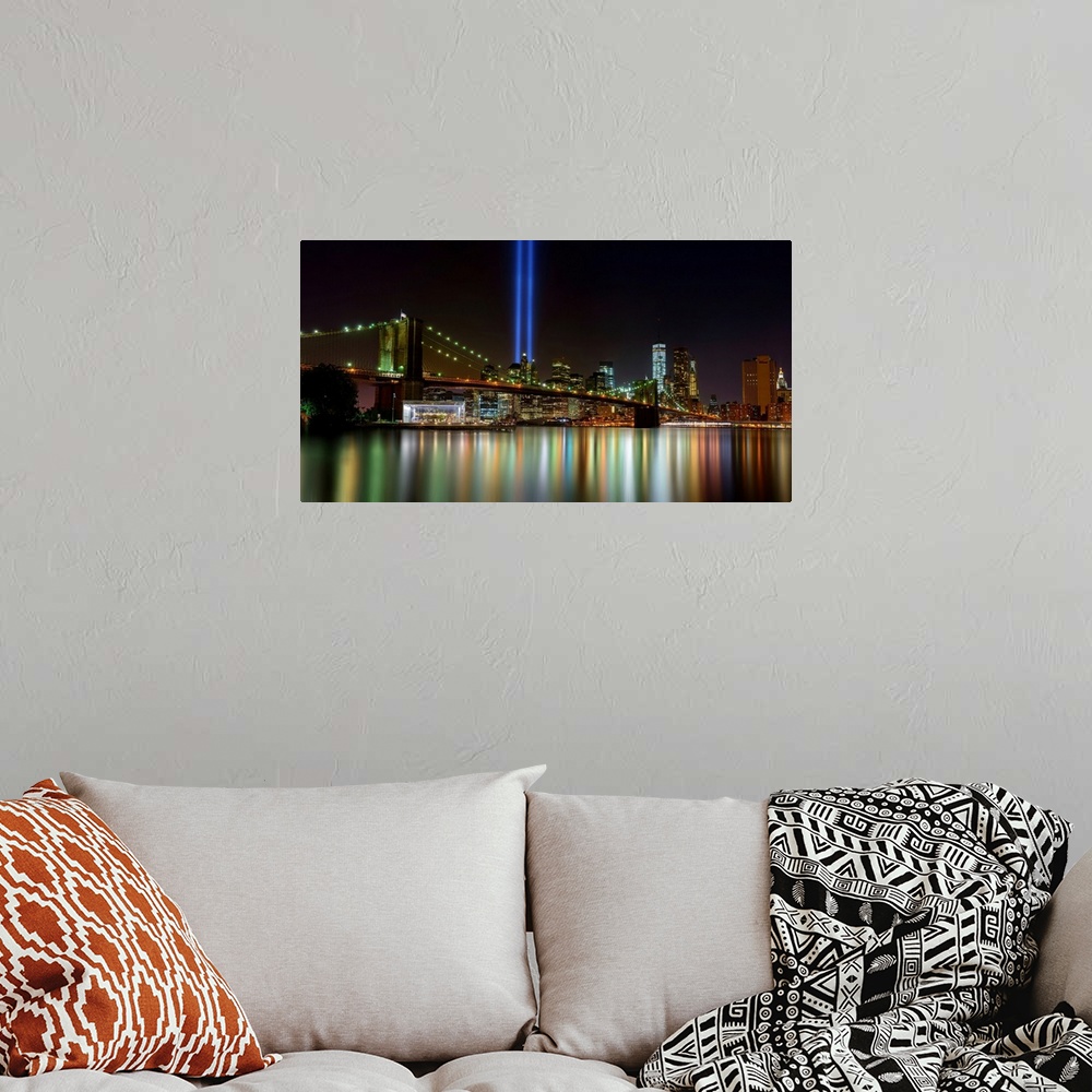 A bohemian room featuring Tribute In Light Panoramic View With Lower Manhattan And Brooklyn Bridge