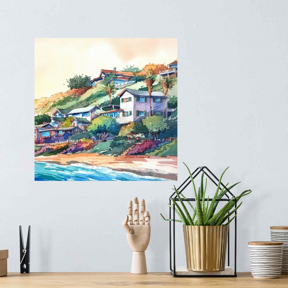 A bohemian room featuring Watercolor of the bungalows along the coast in Newport Beach, California.