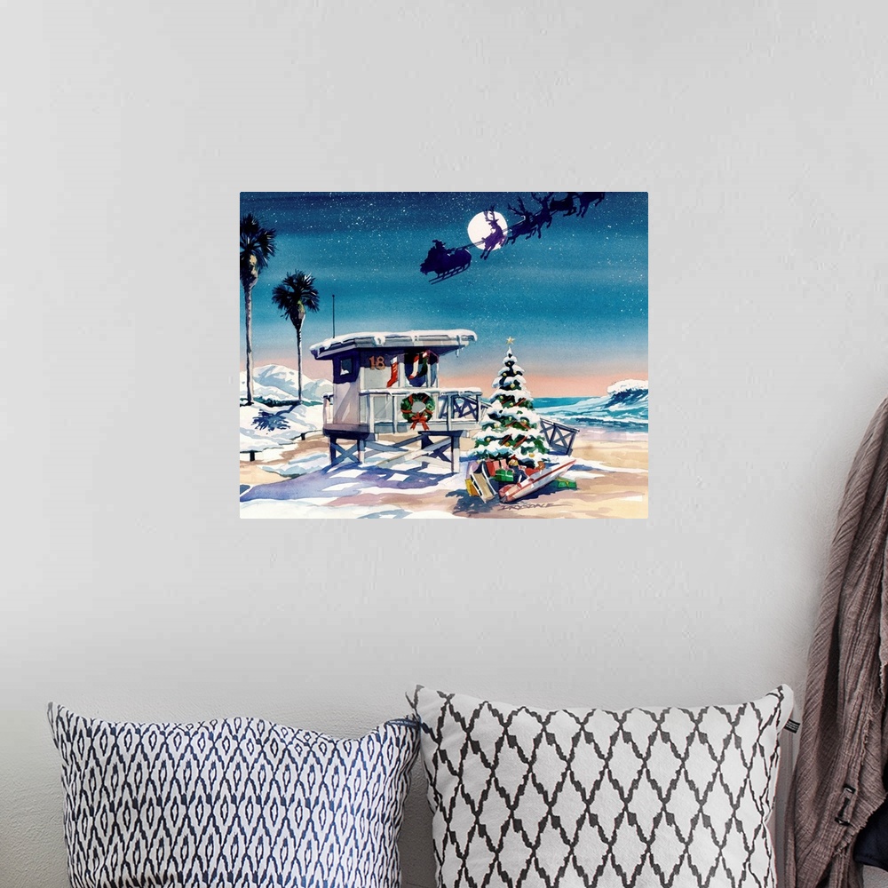 A bohemian room featuring Watercolor painting of a snowy beach scene with a decorated lifeguard stand and Christmas tree, a...