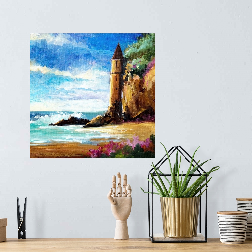 A bohemian room featuring Watercolor painting of a castle on the shore in Laguna Beach, California.