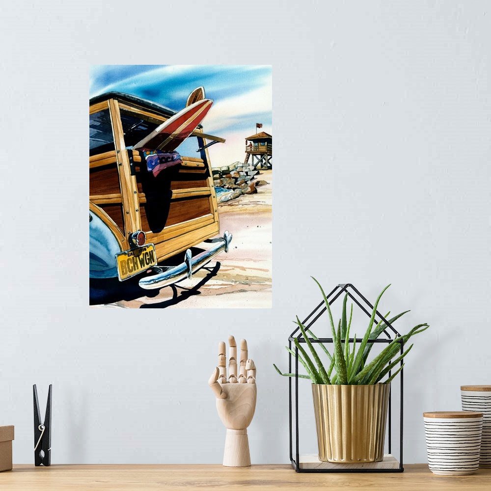 A bohemian room featuring Watercolor of a woodie surf wagon at Salt Creek Beach in Dana Point CA