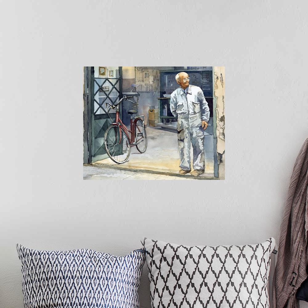 A bohemian room featuring Watercolor painting of a bicycle Repairman in Lucca, Italy