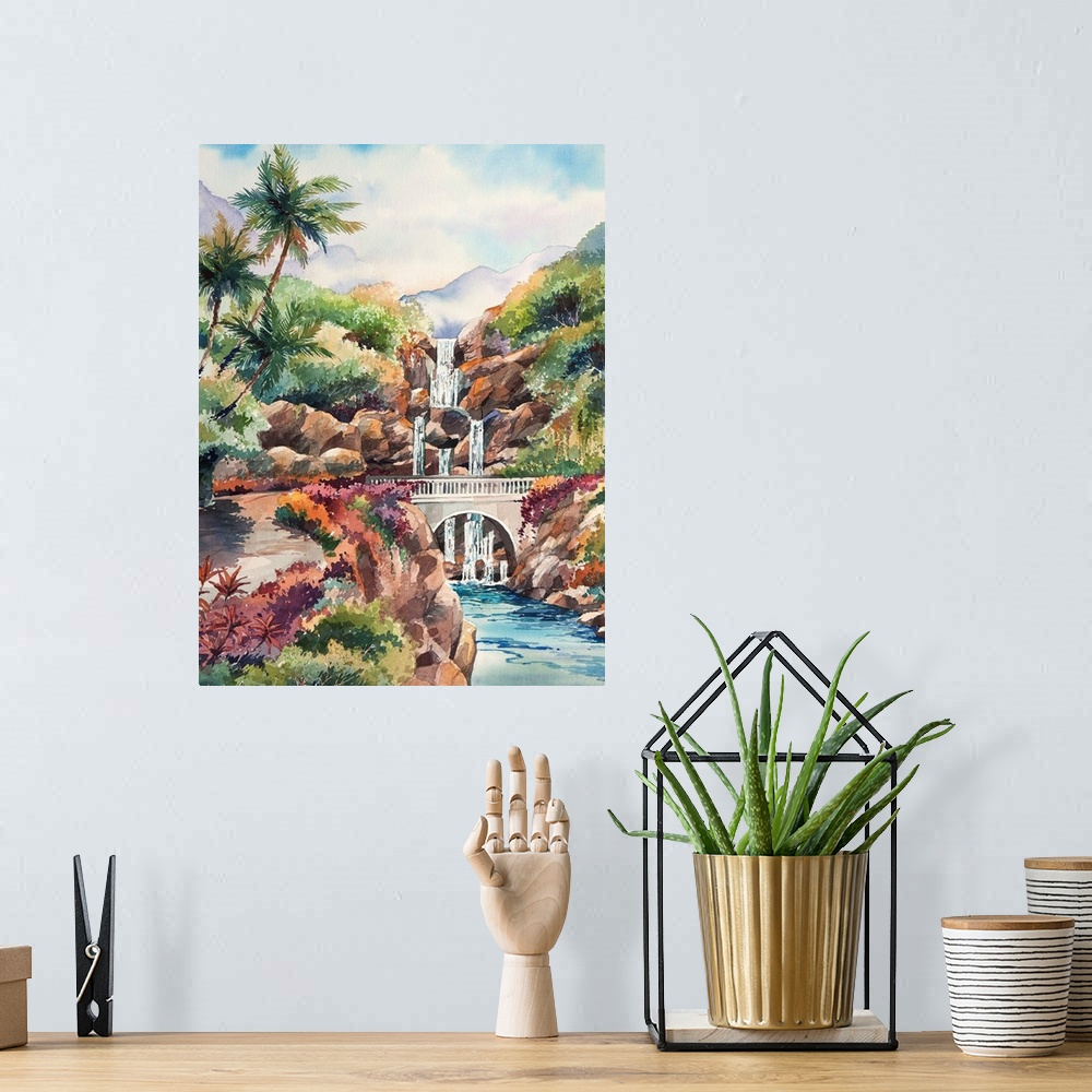 A bohemian room featuring Watercolor painting of the Bridge to Hana with a waterfall in the background, Hawaii