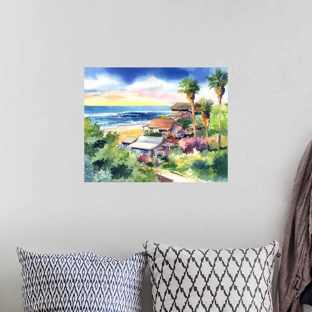 A bohemian room featuring Watercolor of Crystal Cove, Laguna Beach, CA.