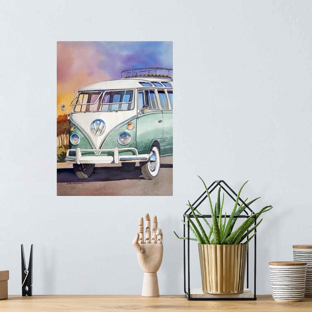 A bohemian room featuring Watercolor of a 1963 23 window VW bus.