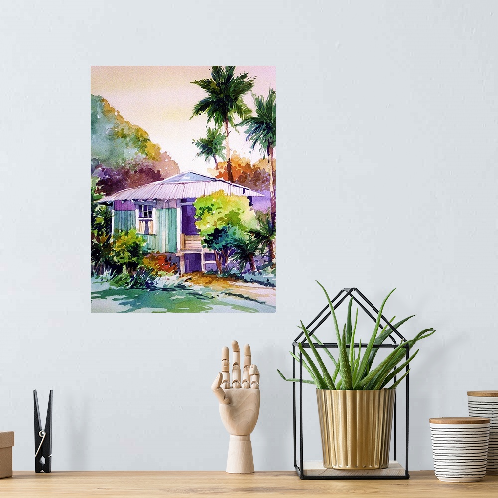 A bohemian room featuring Watercolor painting of a Hana Shack, Maui Hawaii.