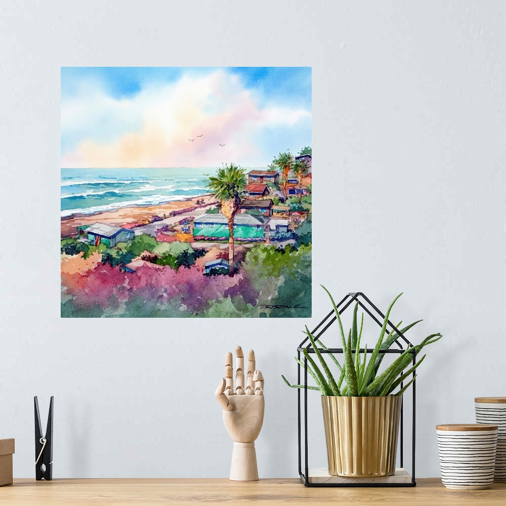A bohemian room featuring Watercolor of the bungalows at Crystal Cove, Newport Beach, California.