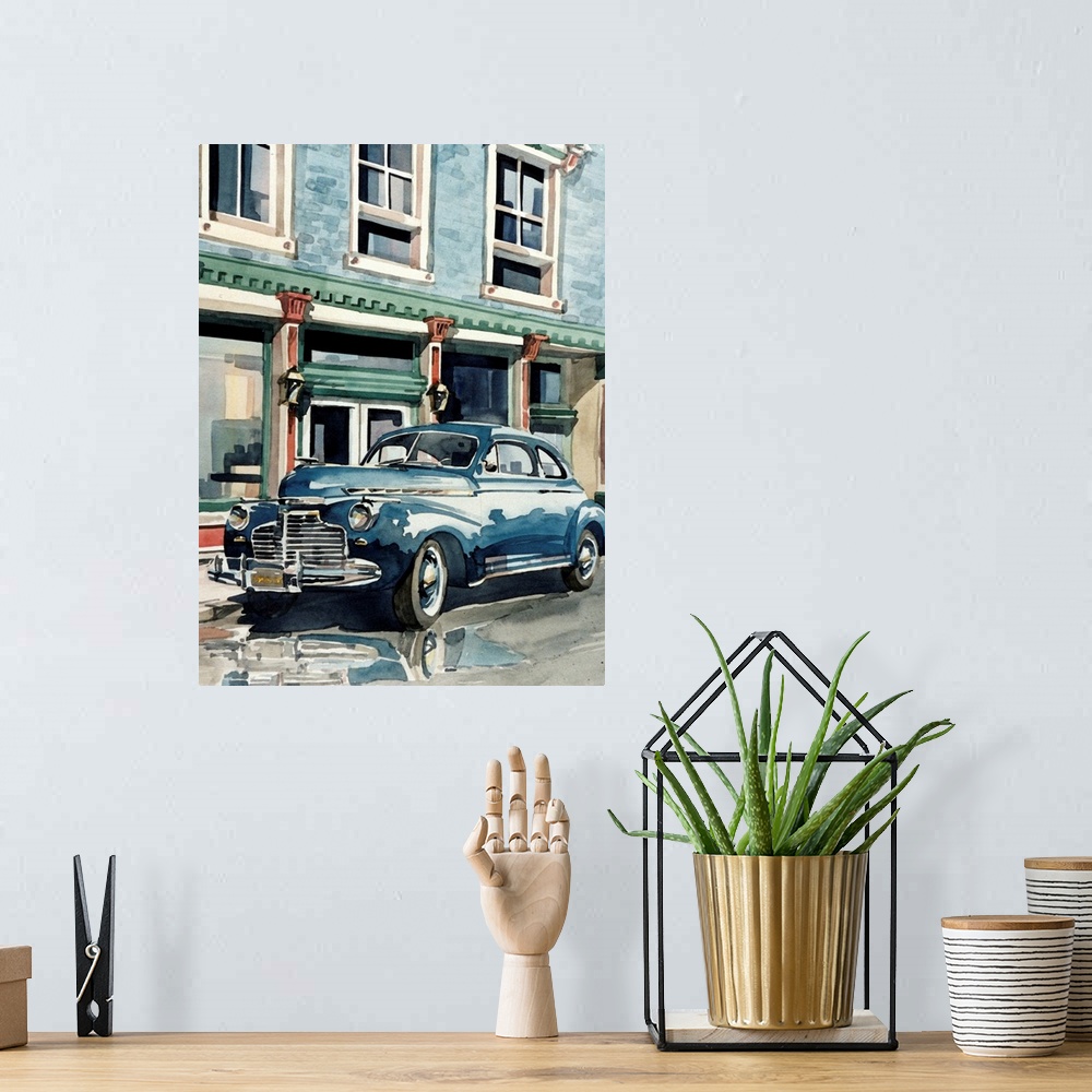 A bohemian room featuring Watercolor painting of a 1941 Chevrolet pulled up to the curb.