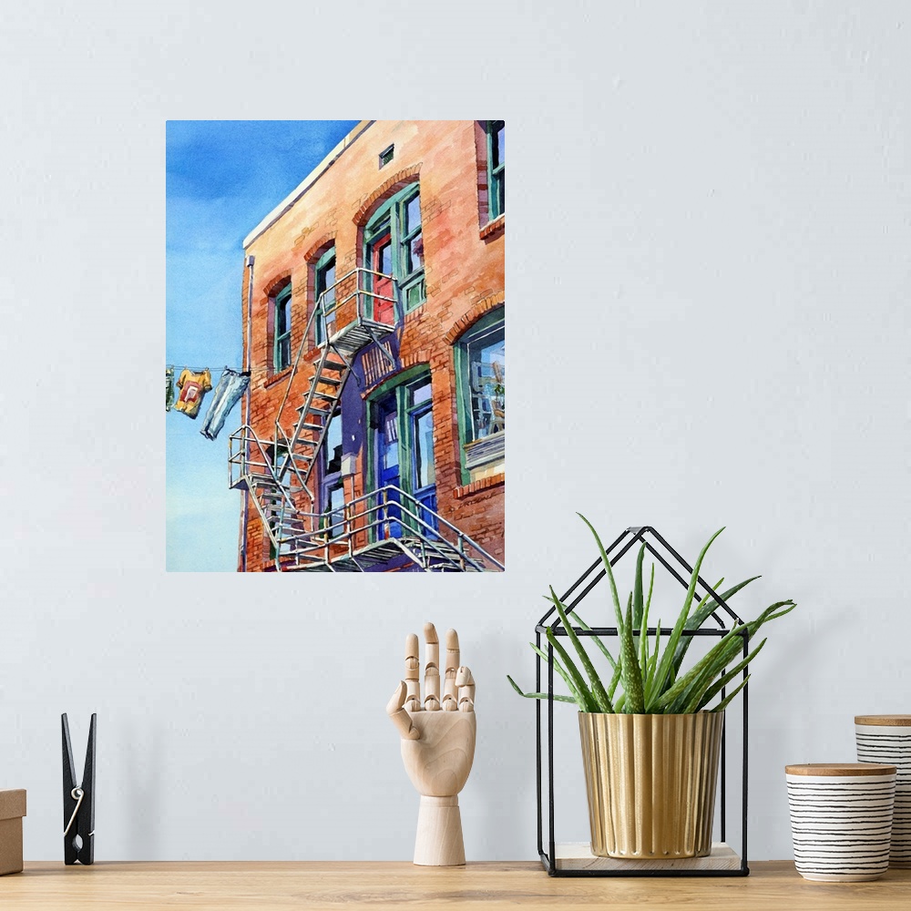 A bohemian room featuring Watercolor painting of a fire Escape on an alley in Roslyn Washington