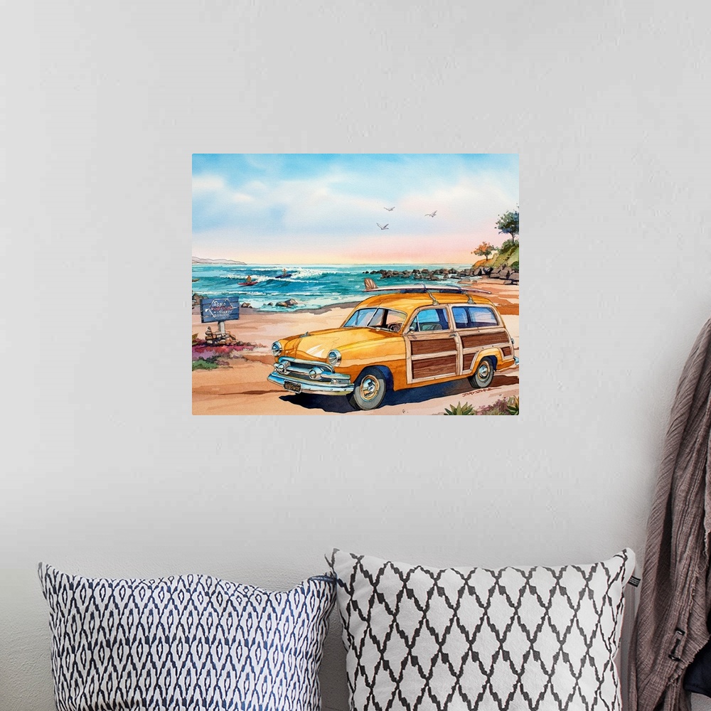 A bohemian room featuring Watercolor of a 1951 Ford woodie surf wagon at the popular surf spot, Rincon, CA