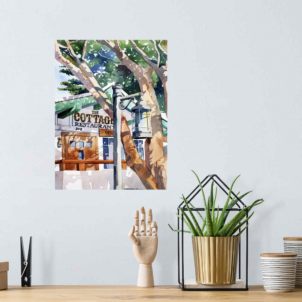 A bohemian room featuring Watercolor of the Cottage Restaurant in Laguna Beach, CA