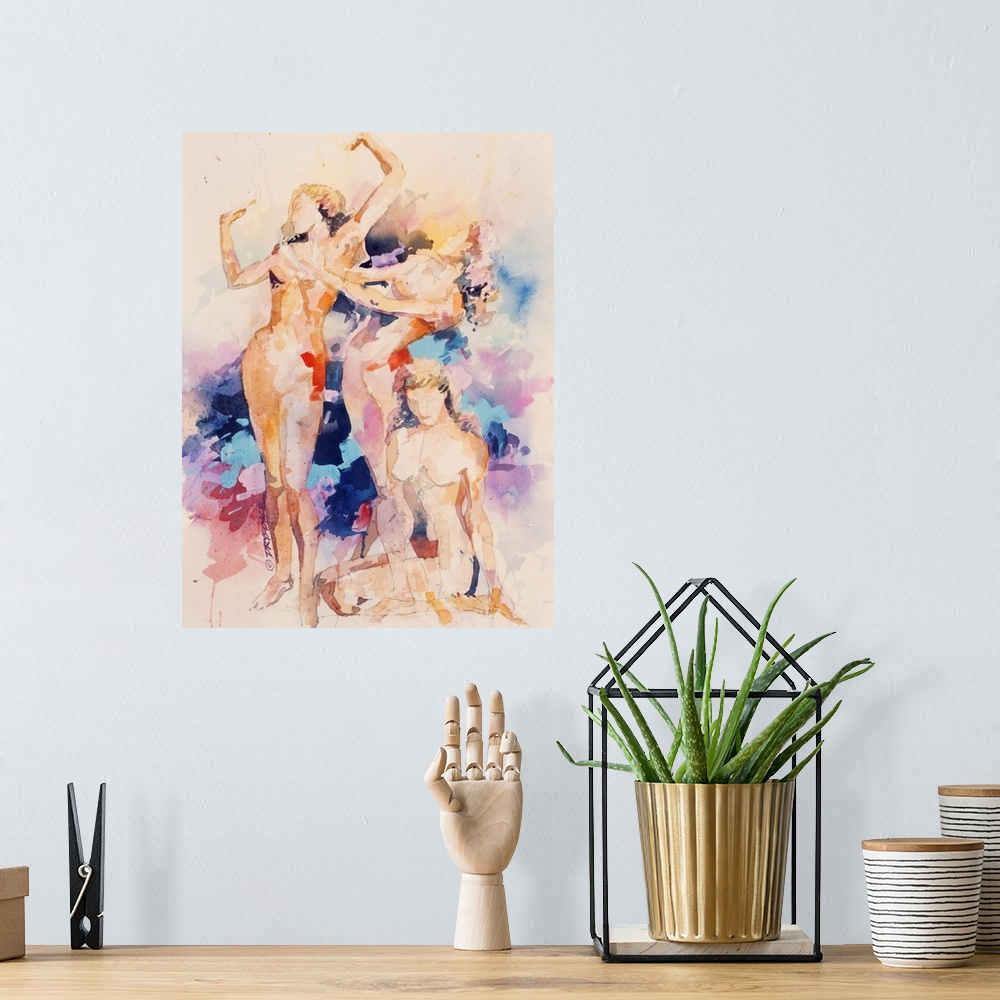 A bohemian room featuring Watercolor of figures in motion.