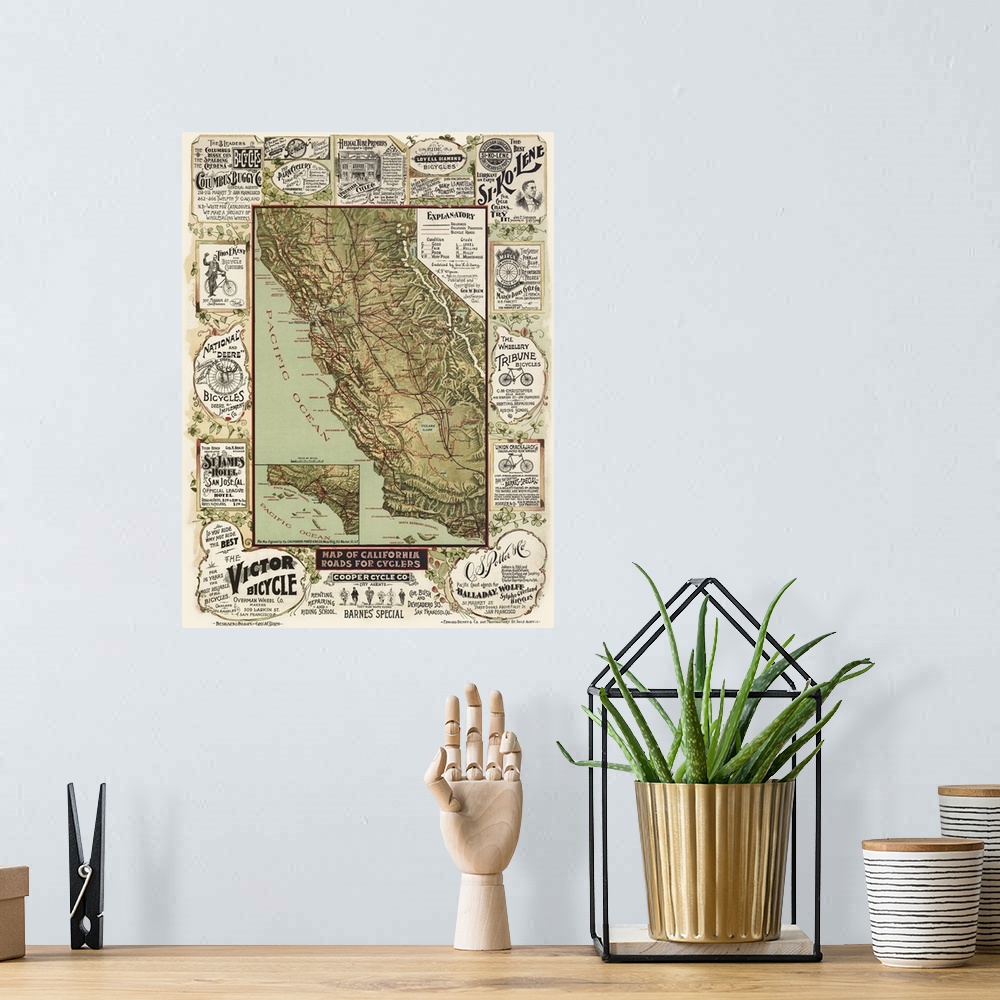 A bohemian room featuring This map covers most of the state of California, indicating railroads in black and bicycle roads ...