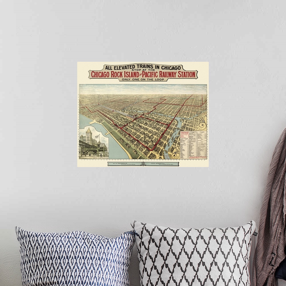 A bohemian room featuring Large, horizontal, vintage, birds eye view map of Chicago, Illinois.  Text at the top of the map ...