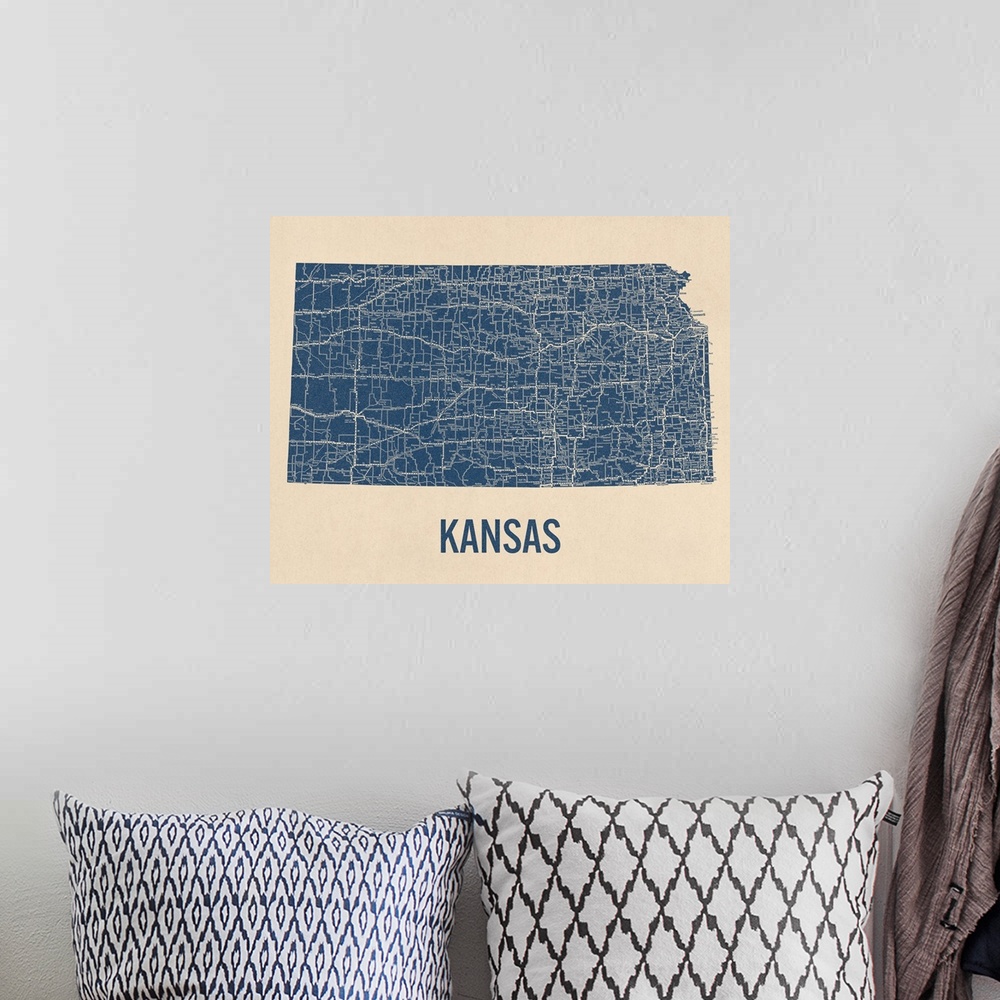 A bohemian room featuring Vintage Kansas Road Map 1