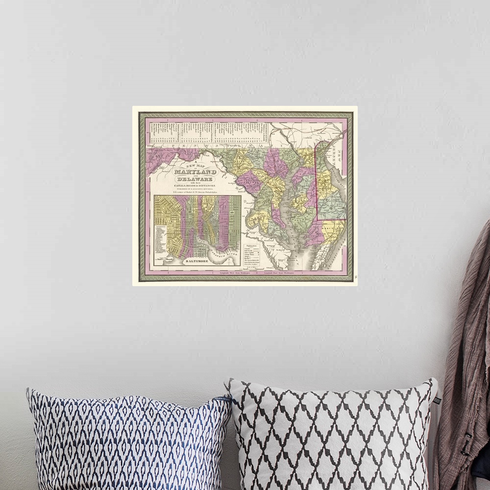 A bohemian room featuring Vintage Map of Maryland and Delaware wih their Canals, Roads, and Distances