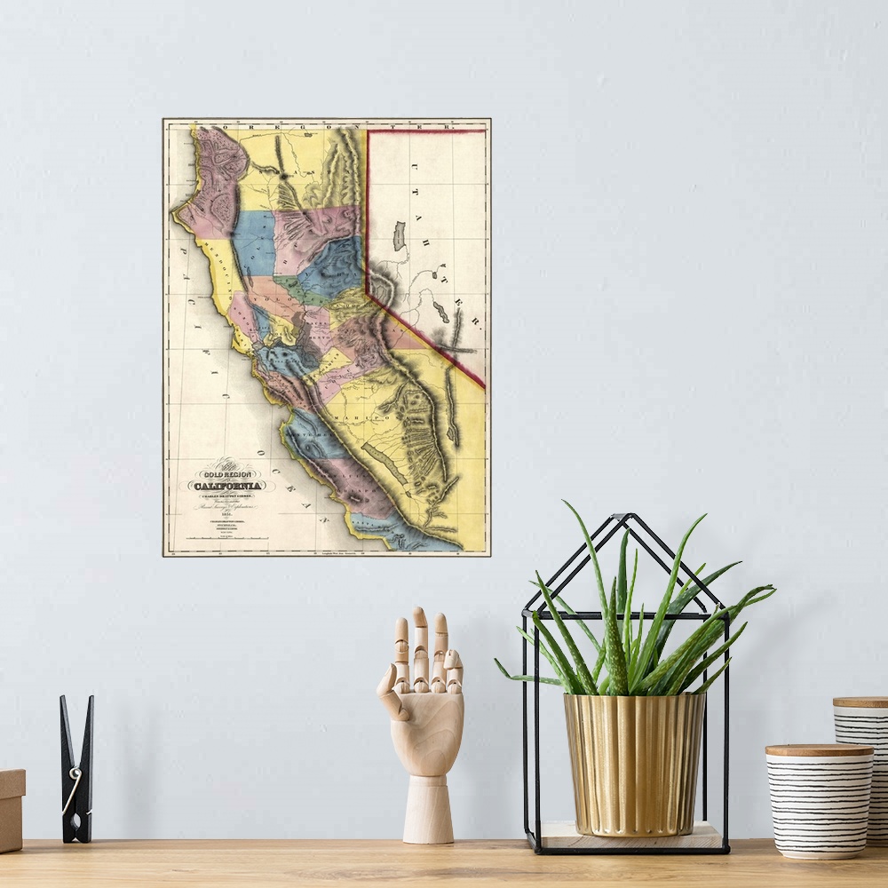A bohemian room featuring Big, vertical vintage map of the Gold Region of California, made up of multicolored sections, on ...
