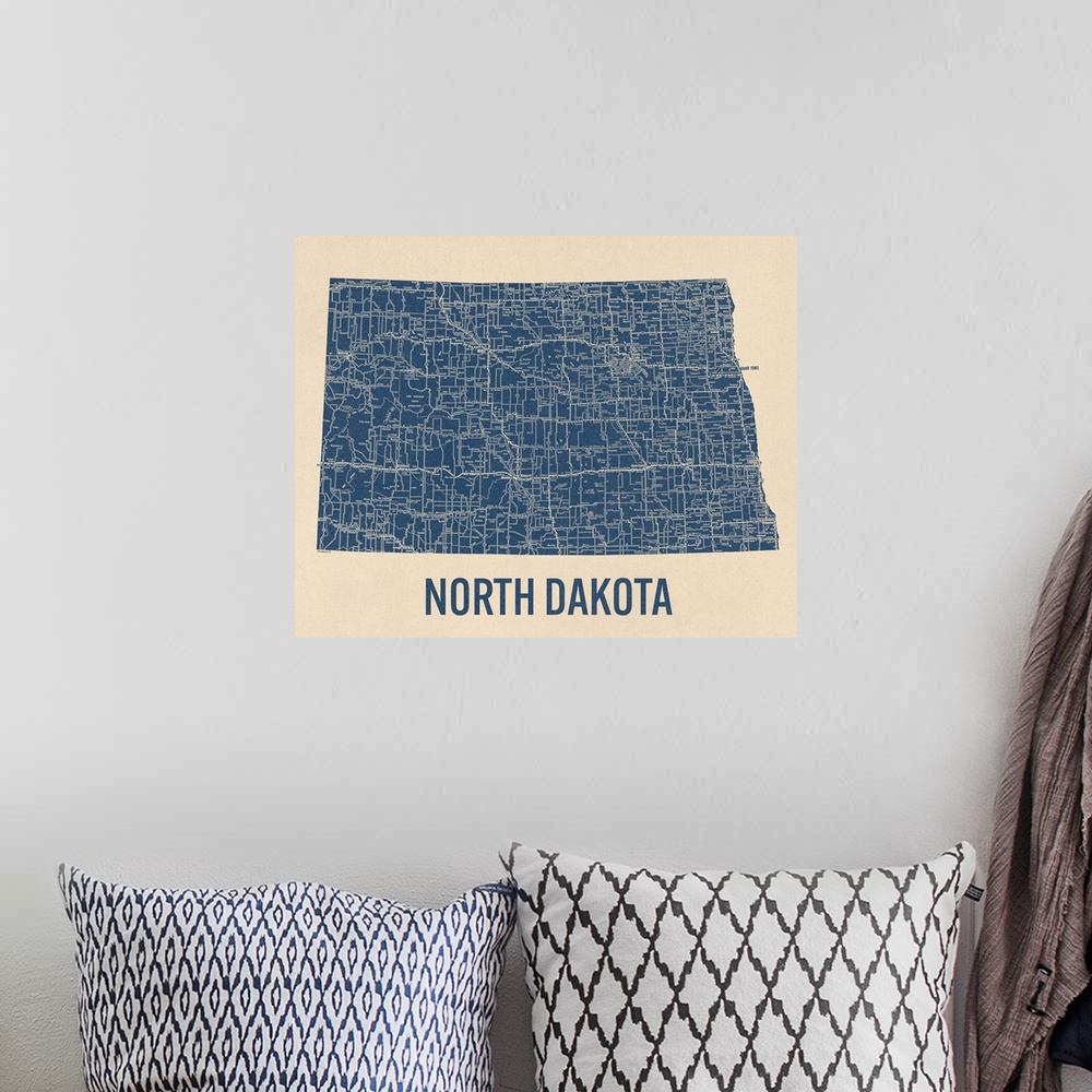 A bohemian room featuring Vintage North Dakota Road Map 1