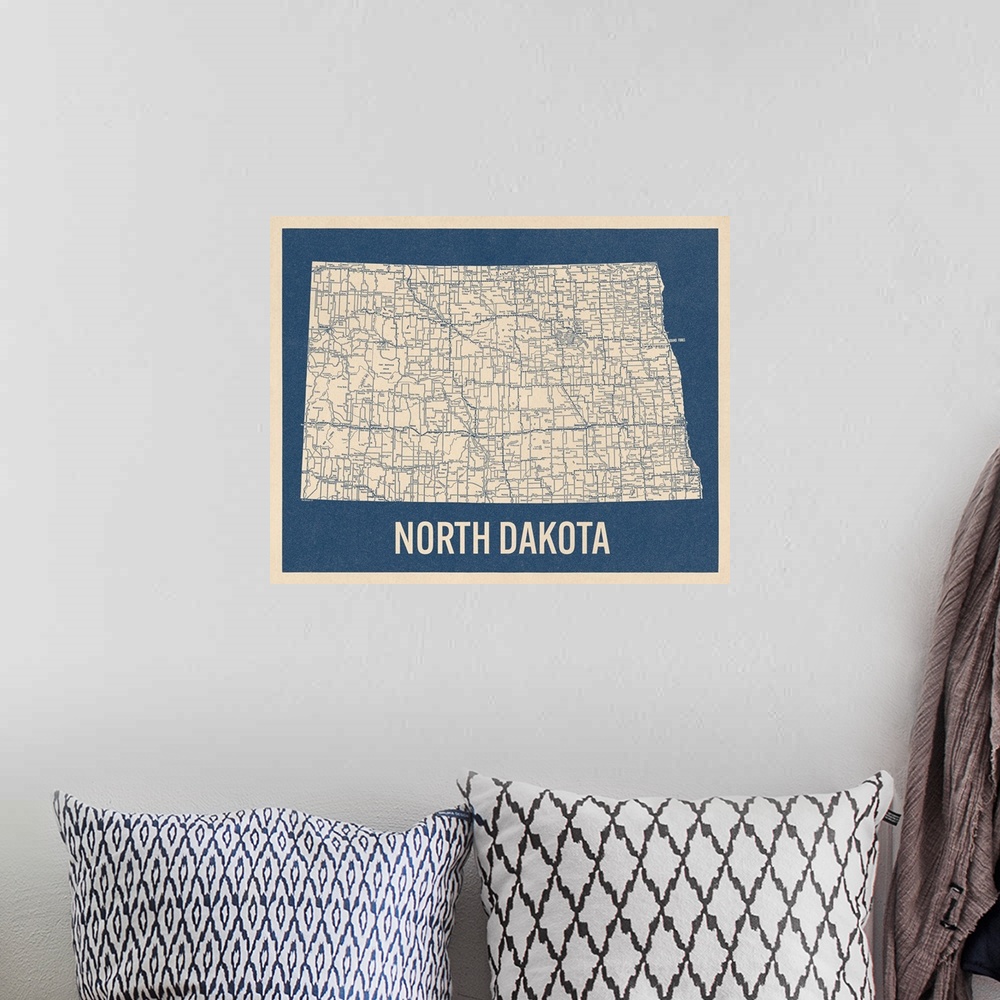 A bohemian room featuring Vintage North Dakota Road Map 2