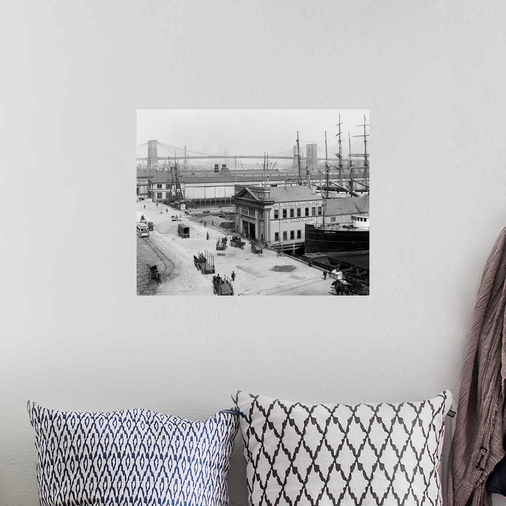 A bohemian room featuring Vintage photograph of South Street Piers and Brooklyn Bridge, New York City