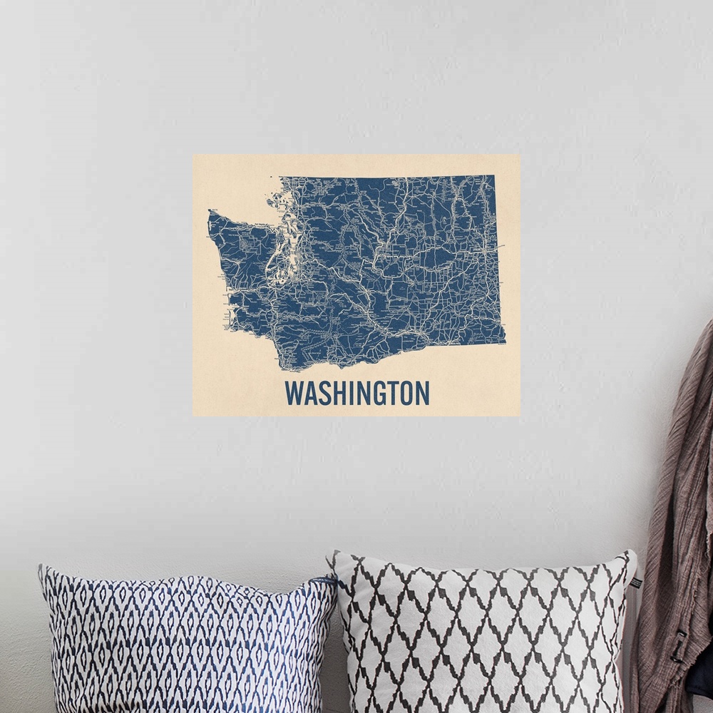 A bohemian room featuring Vintage Washington State Road Map 1
