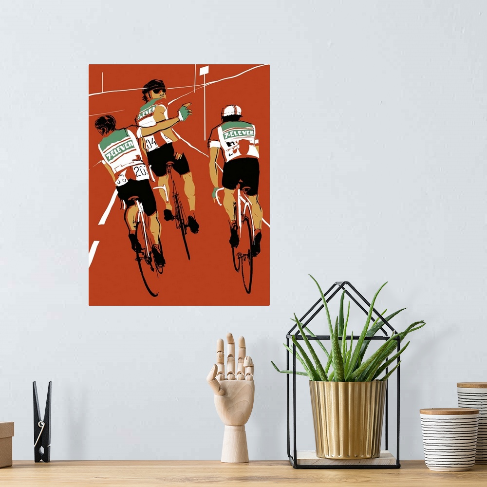 A bohemian room featuring Contemporary illustration of a rear view of a cyclists riding against a muted red background.