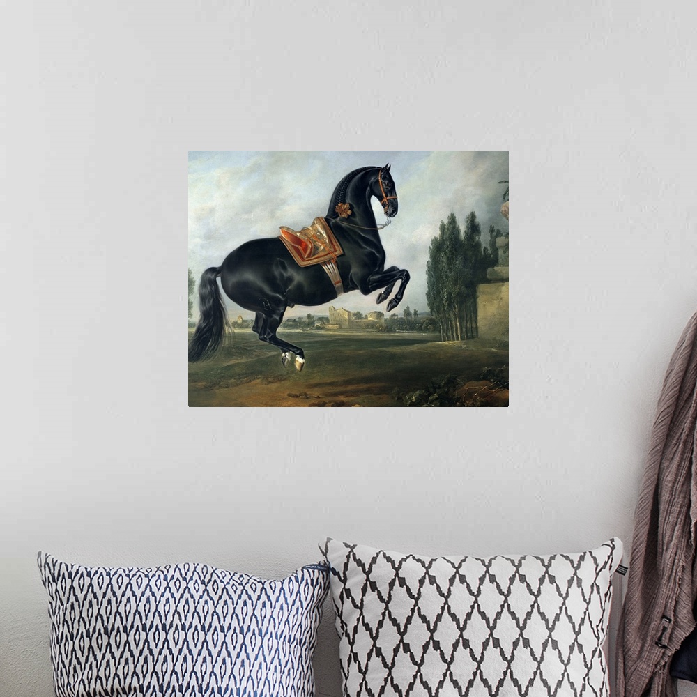 A bohemian room featuring XAM65652 A black horse performing the Courbette (oil on canvas) (for detail see 264709)  by Hamil...