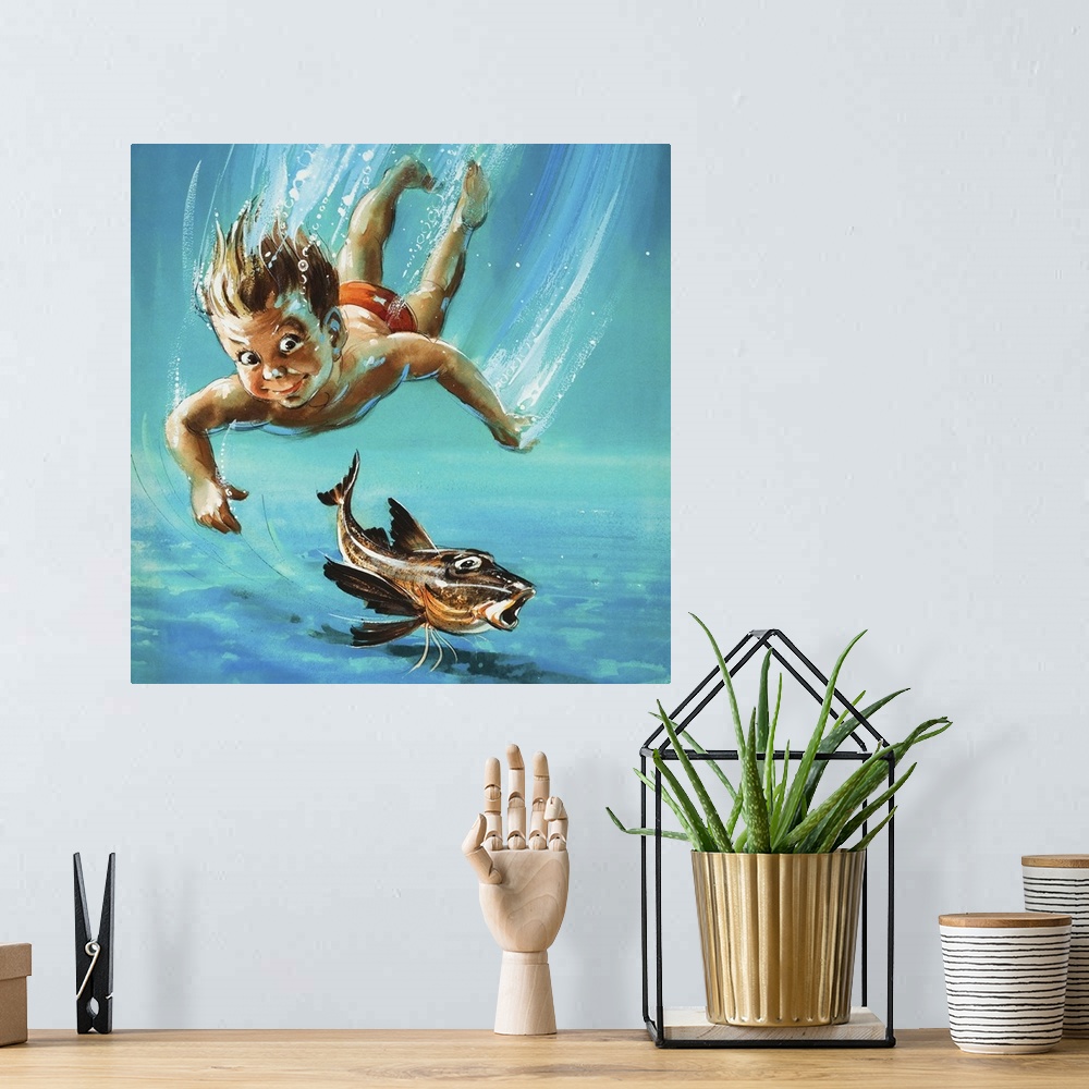 A bohemian room featuring A young child diving as a tropical fish is startled.