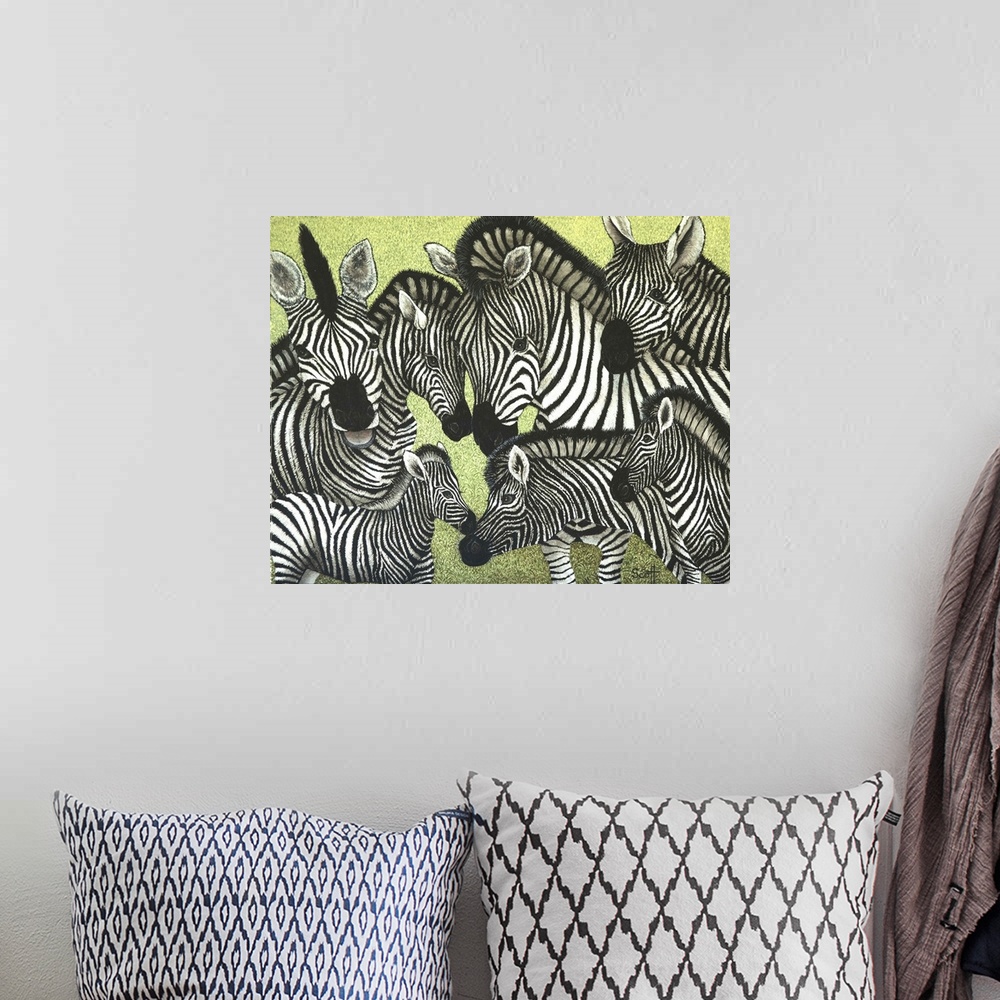 A bohemian room featuring Contemporary painting of a herd of zebras against a green background.