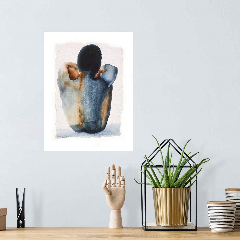 A bohemian room featuring Contemporary watercolor painting of a male nude seated grabbing his knees.