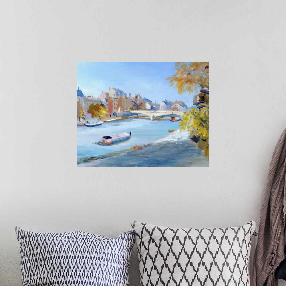 A bohemian room featuring Barge sailing down the river Seine in Paris